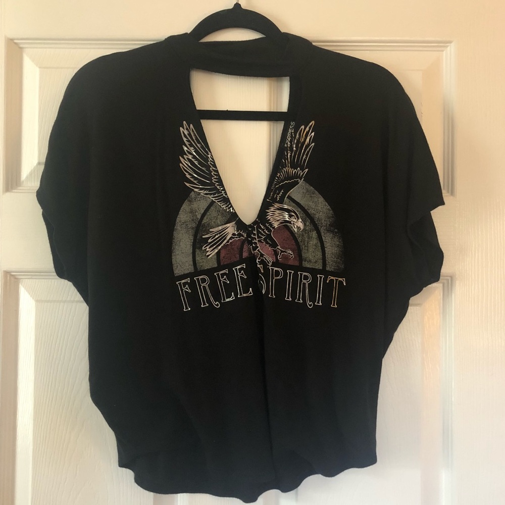 Low cut black graphic tee with choker neck